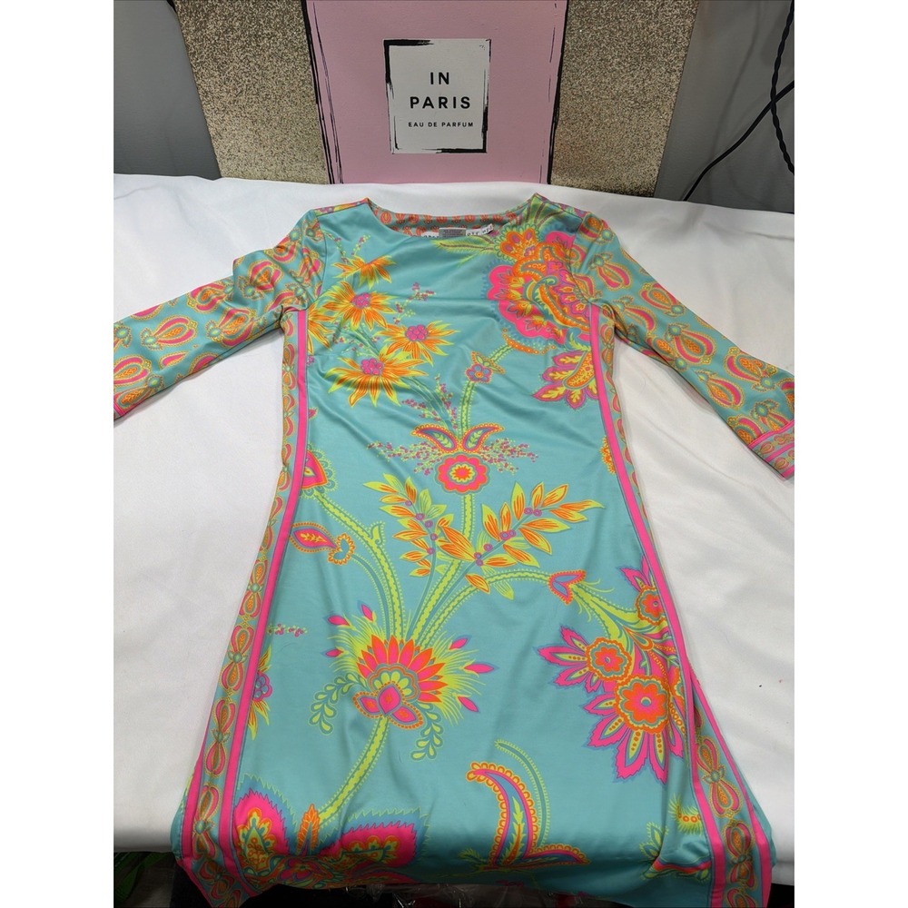Gretchen Scott Womens Sz S Teal Neon Green Paisley Floral Shift Dress Summer 519